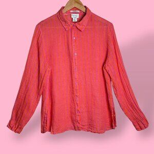 Nicole Miller Shirt Button Front Long Sleeve Linen Orange Pink Stripe Size Large